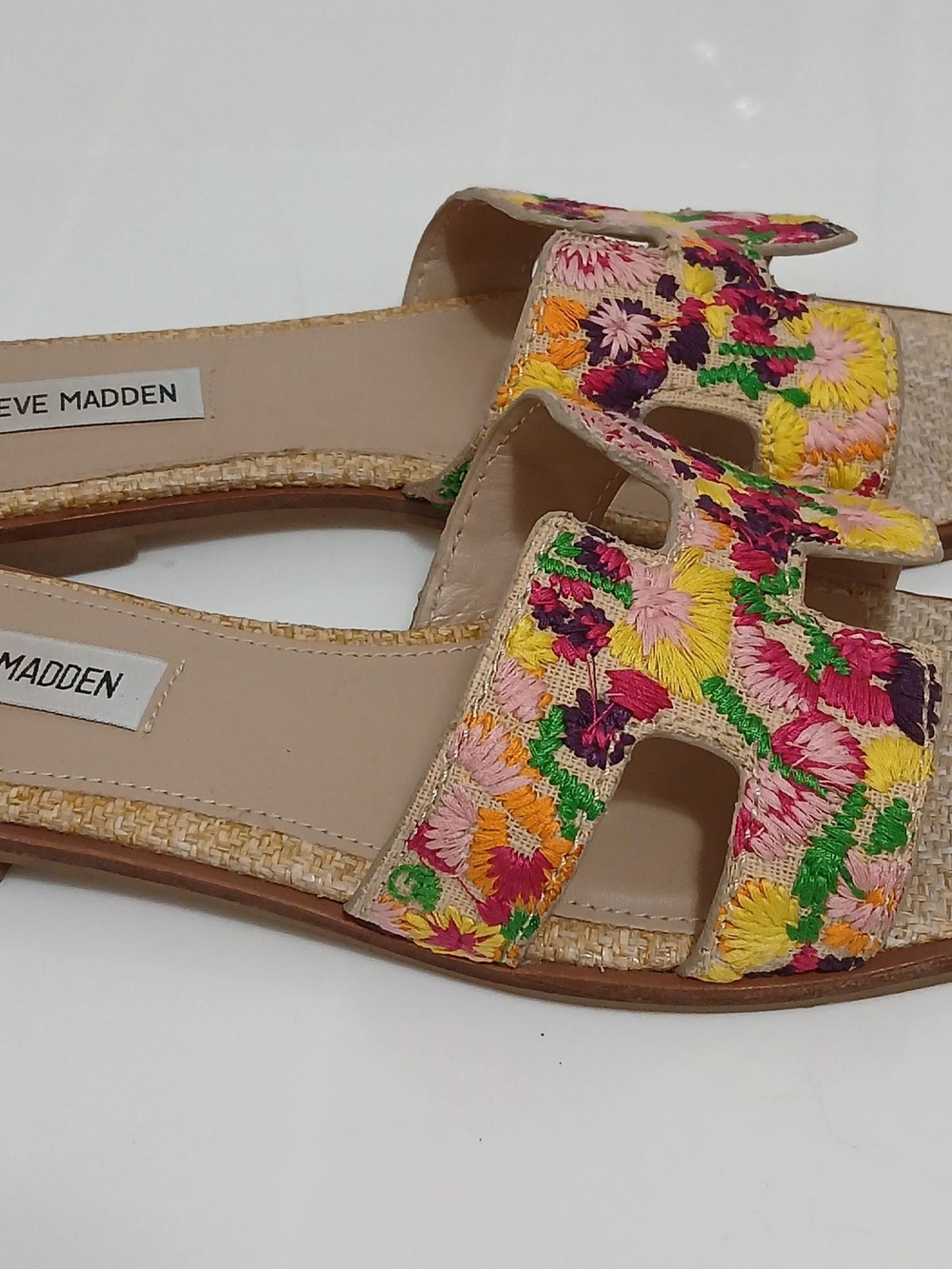 Steve Madden Rattan Embroidered Floral Slide Sandals - Picture 2 of 2